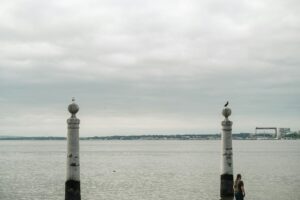 Birds perched on stone pillars by the river, with a calm horizon.